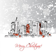 Wall Mural - Merry christmas postcard with cityscape background