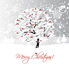 Wall Mural - Christmas card design with winter tree and bullfinches