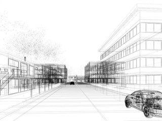 sketch design of city ,3dwire frame render