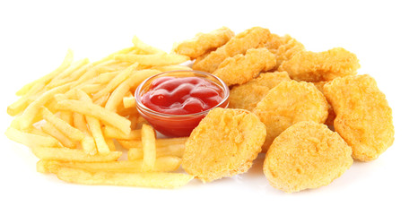 Sticker - Fried chicken nuggets with french fries and sauce isolated