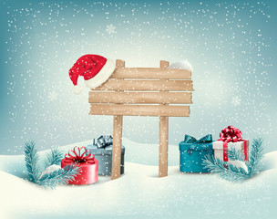 Poster - Christmas winter background with presents and wooden board. Vect