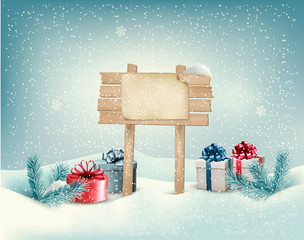 Poster - Christmas winter background with presents and wooden board. Vect