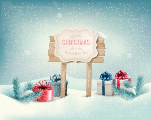 Poster - Christmas winter background with presents and wooden board. Vect