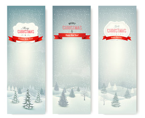 Poster - Christmas winter landscape banners. Vector