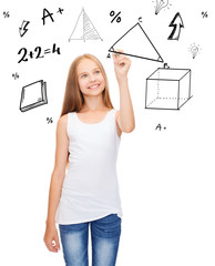 Wall Mural - smiling girl in blank white shirt drawing triangle