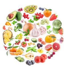 Wall Mural - Collection of fruits and vegetables isolated on white background