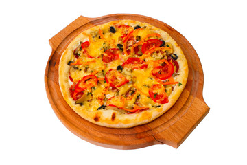 Wall Mural - Appetizing pizza with wooden tray cheese close up white backgrou