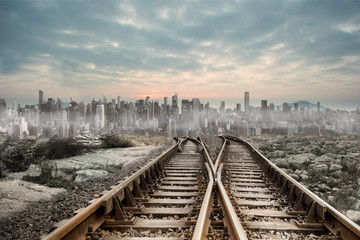 Poster - Railway tracks leading to big city