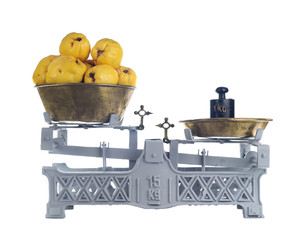 Wall Mural - Old-fashioned balance scale with quinces isolated on white