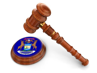 Poster - Wooden Mallet and flag Of Michigan (clipping path included)