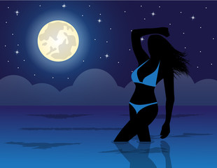 woman in water in the night night sky and the moon