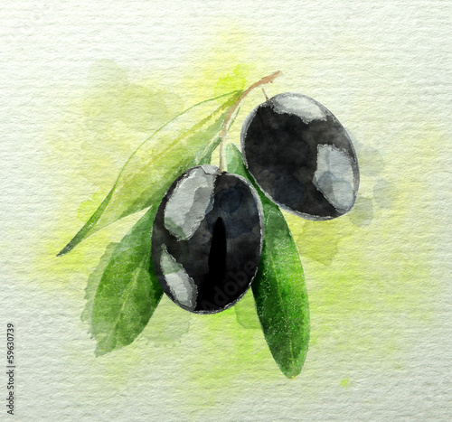 Naklejka - mata magnetyczna na lodówkę A branch of black olives watercolor