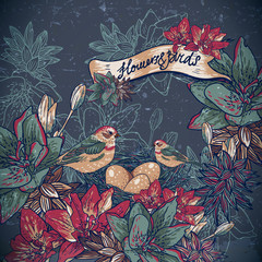 Vintage floral background with birds