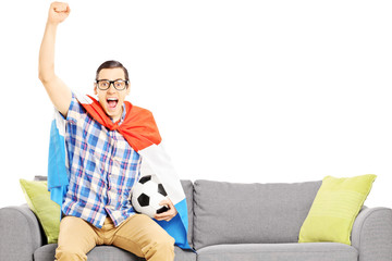 Wall Mural - Cheerful male sport fan with soccer ball and flag watching sport