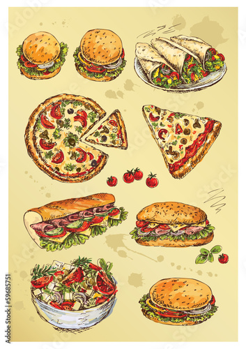 Fototapeta na wymiar hand drawing set of sandwiches,pizza