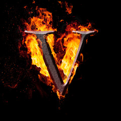 Fototapete - High res iron letters illustration in fire on black background