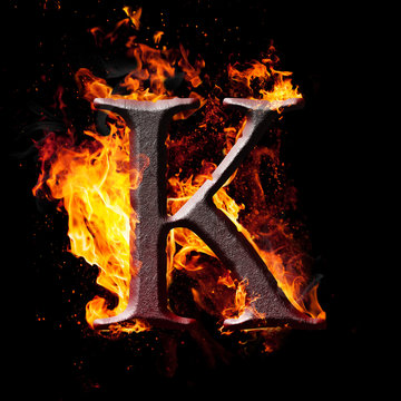 High res iron letters illustration in fire on black background