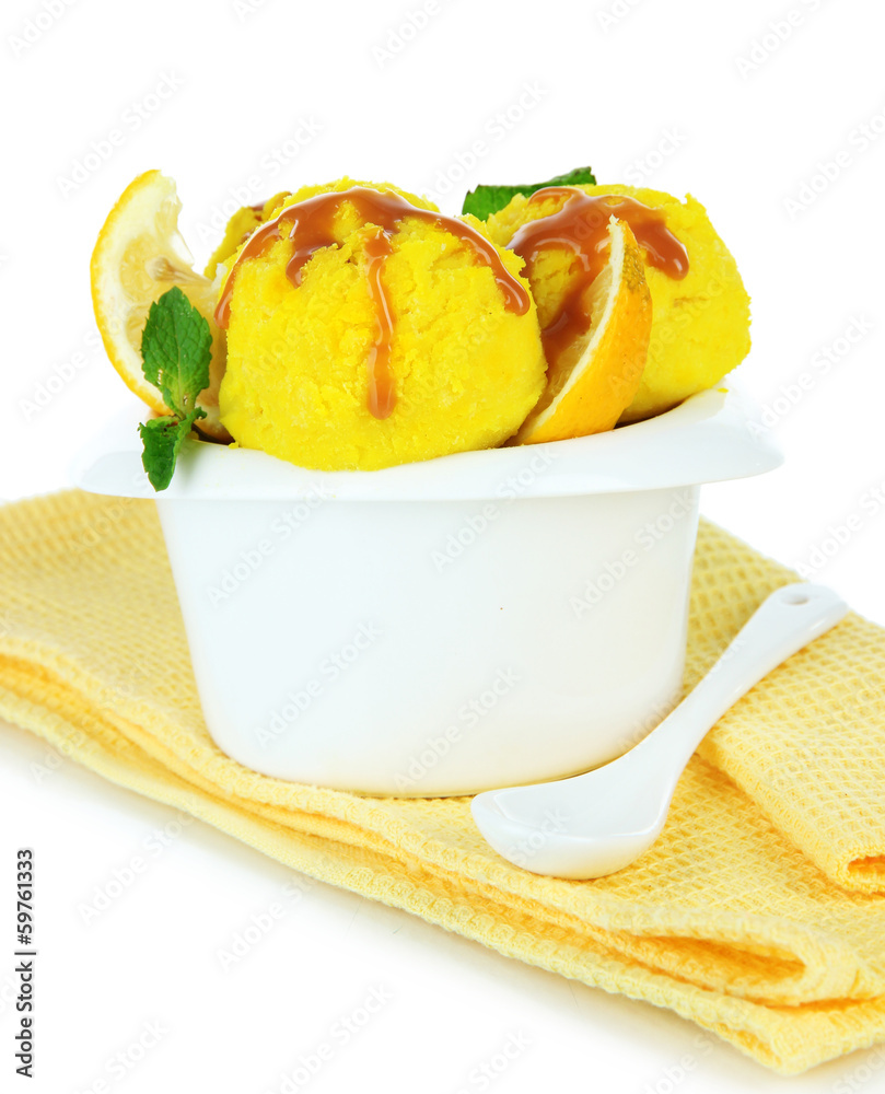 Tasty ice cream scoops in bowl, isolated on white