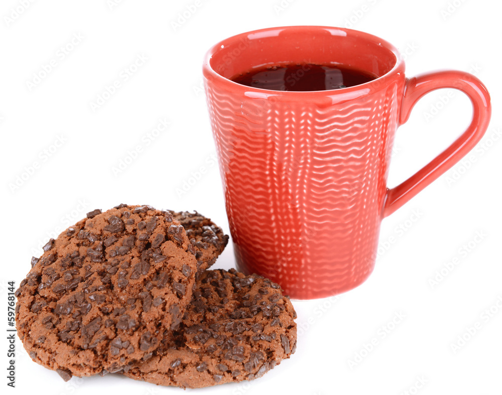 Sweet cookies with cup of tea isolated on white