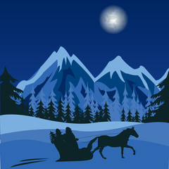 Canvas Print - Winter in mountain and horse with san