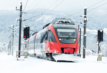 Red Train In Winter