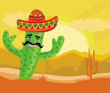 Funny Cactus With A Sombrero In Desert