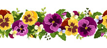 Horizontal Seamless Background With Pansy Flowers. Vector.