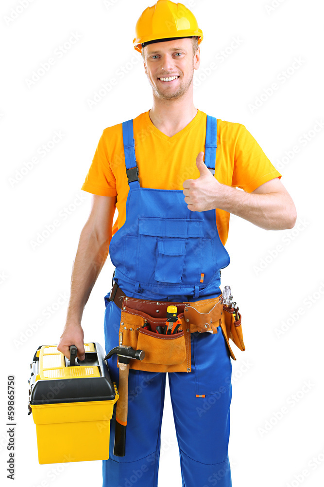 Portrait of young builder isolated on white