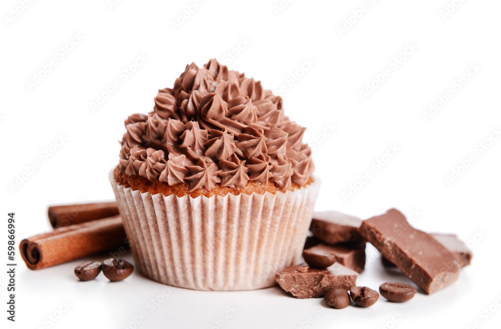 Tasty cupcake with butter cream, isolated on white