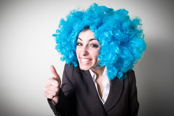 funny blu wig beautiful young businesswoman