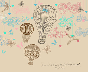 Valentine illustration, hot Air Balloon in sky, hand drawn Backg