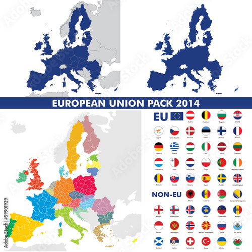 Naklejka dekoracyjna European union map and flags pack, Weltkarte Landkarte