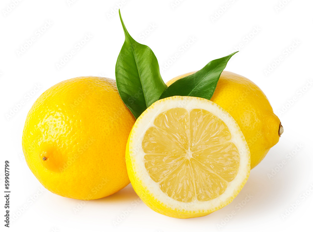 Three lemons with leaves - obrazy, fototapety, plakaty 