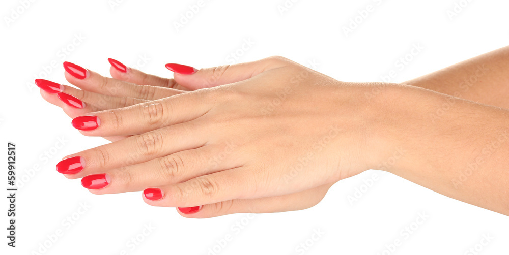 Beautiful female hands with red nails isolated on white
