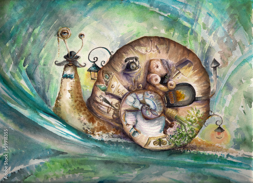 Naklejka na szybę Snail with his house.Picture created with watercolors.
