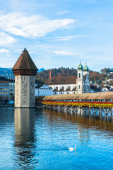 wooden Chapel bridge and old town of Lucerne, Switzerland