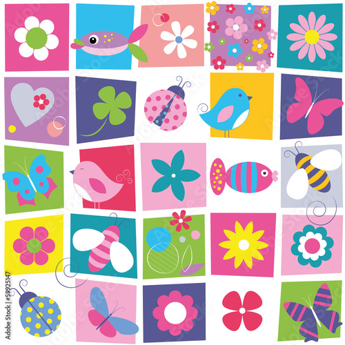 Obraz w ramie birds bees ladybugs butterflies fish and flowers pattern