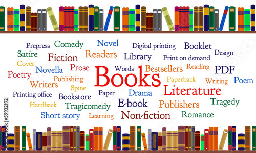 Fotomural Books word cloud and books on shelf