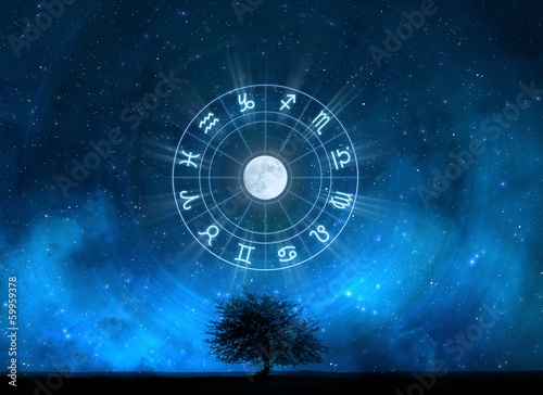 Alu-Spannrahmen Wechselbild - Zodiac Signs Horoscope with the tree of life and universe (von pixel)