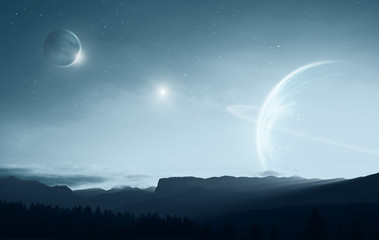 Wall Mural - Distant alien world - earth like planet with multiple moons