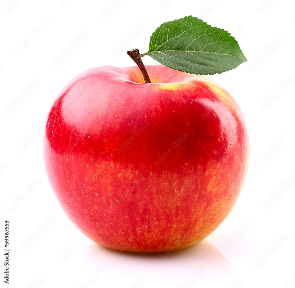Ripe apple with leaf - obrazy, fototapety, plakaty 