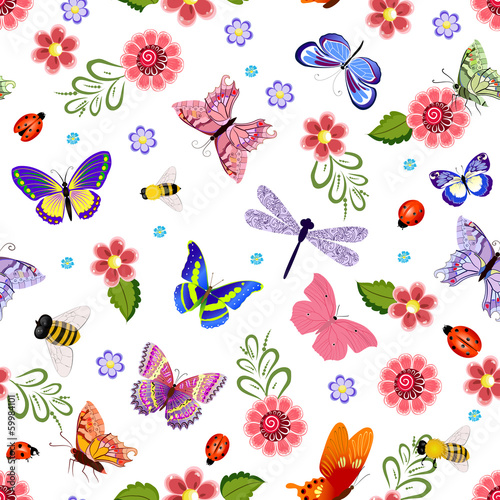 Fototapeta na wymiar Cute seamless texture with flying insects