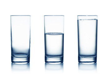 empty,half and full water glasses . isolated on white