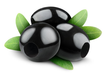 Poster - Isolated olive. Three pitted black olives and leaves isolated on white background