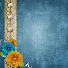 Blue Vintage Textured Background With A Bouquet Of Paper Flowers