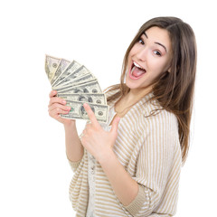 Cheerful attractive young lady holding cash and happy smiling ov