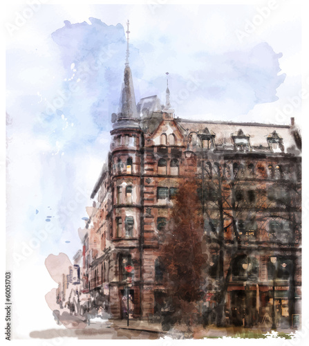 Obraz w ramie watercolor illustration of city scape