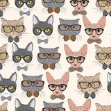 Seamless hipster cats pattern background
