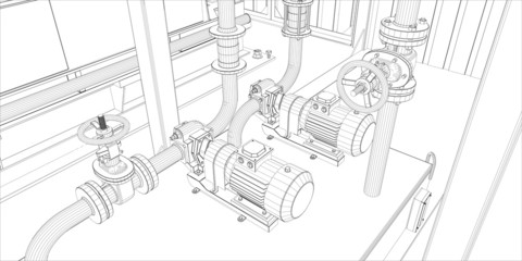 Industrial equipment. Wire-frame 3d render. Vector format