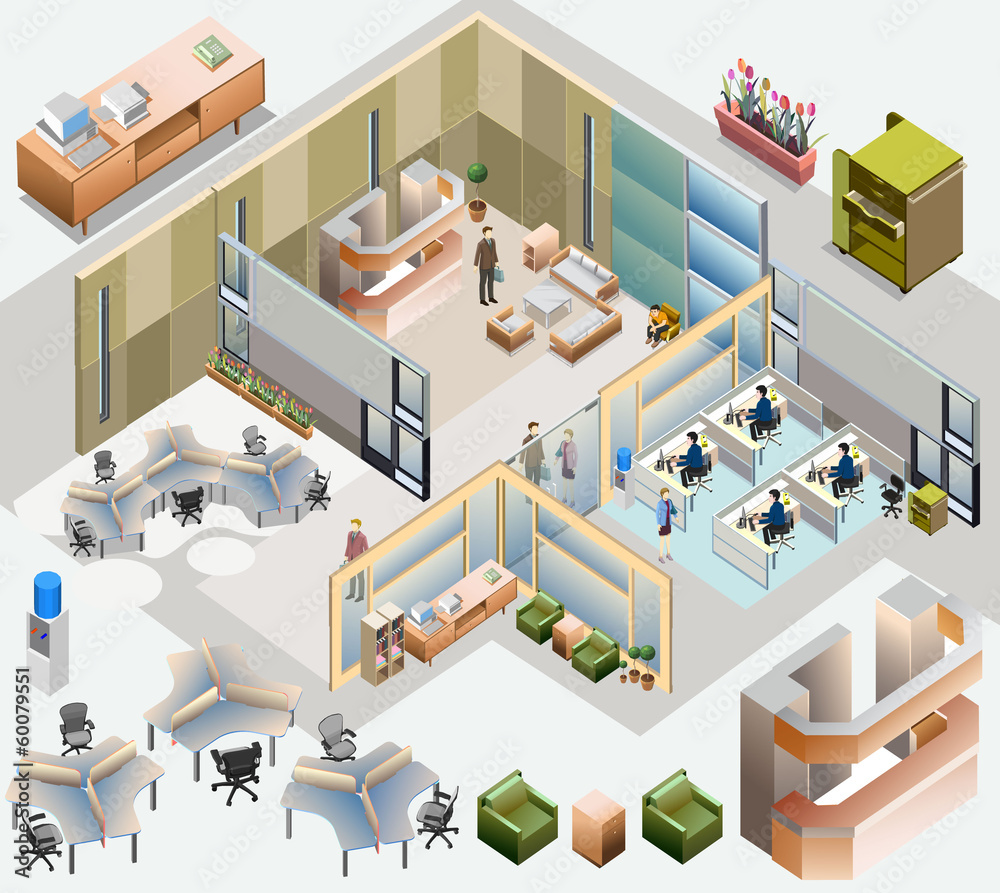 office isometric. with completed workstation, meeting room Stock Vector ...
